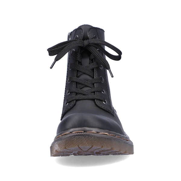 Rieker 78240-00 women's black zip & lace ankle boots, front view.