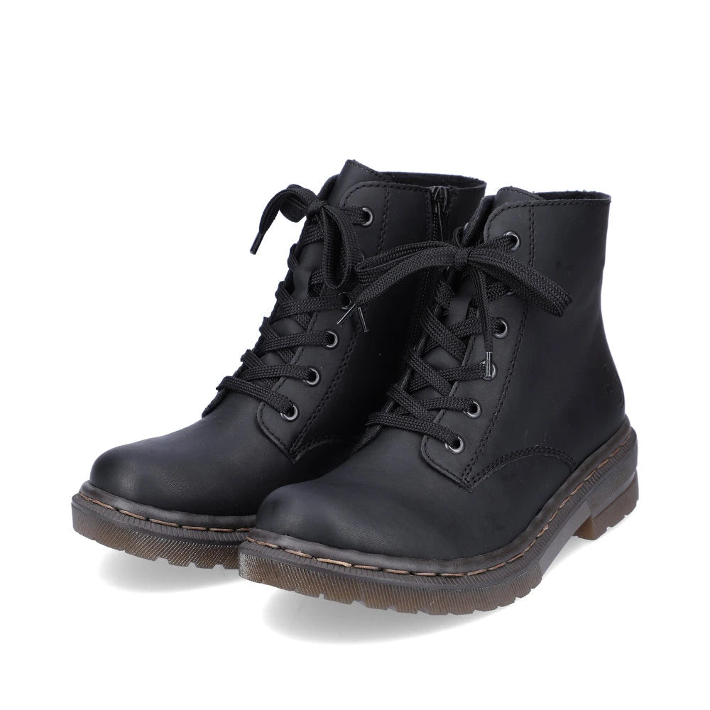 Rieker 78240-00 women's black zip & lace ankle boots, paired three-quarter view.