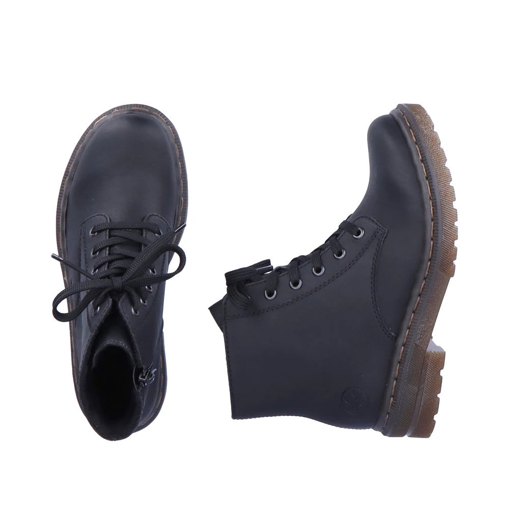 Rieker 78240-00 women's black zip & lace ankle boots, two-angle product view.