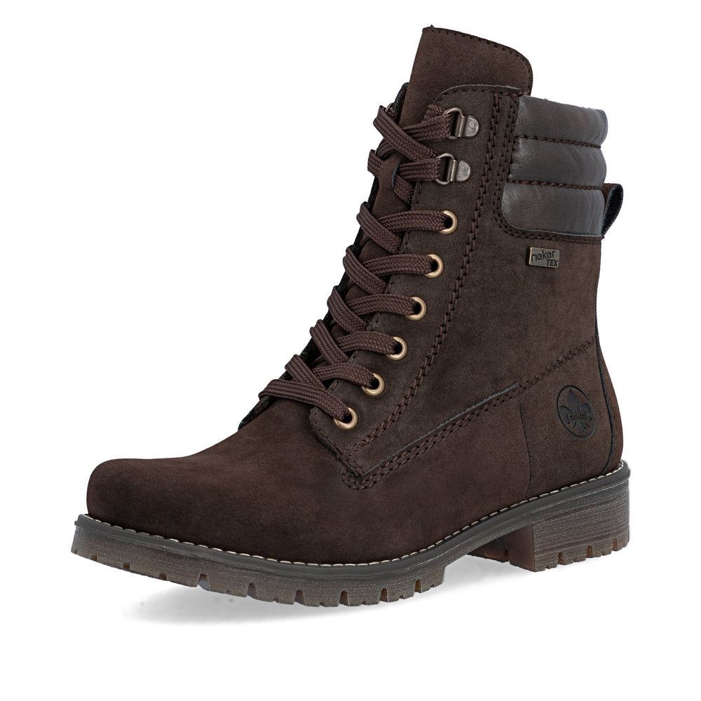 Rieker 79525-25 women's brown water resistant zip & lace ankle boots, front three-quarter view.
