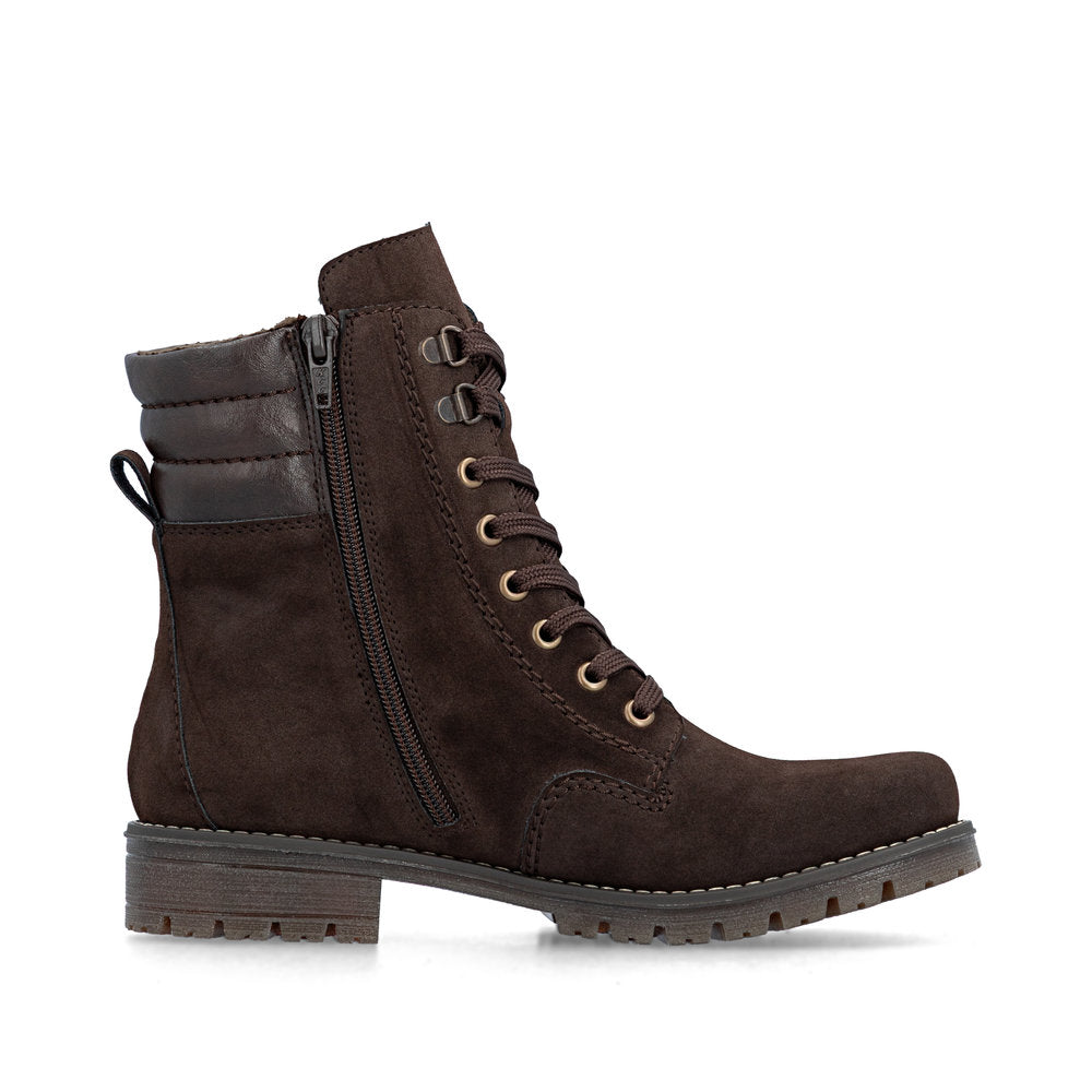 Rieker 79525-25 women's brown water resistant zip & lace ankle boots, outer side view.