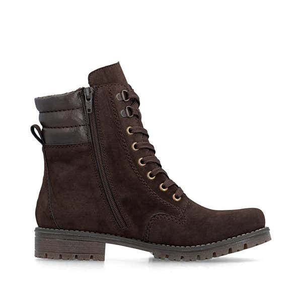Rieker 79525-25 women's brown water resistant zip & lace ankle boots, outer side view.