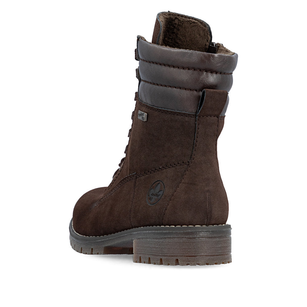 Rieker 79525-25 women's brown water resistant zip & lace ankle boots, rear three-quarter view.