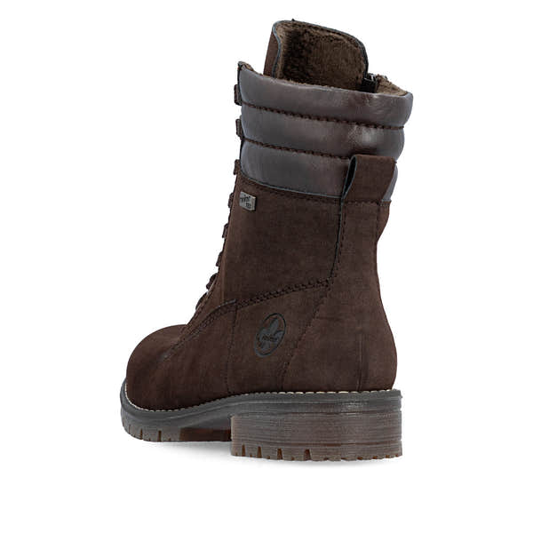 Rieker 79525-25 women's brown water resistant zip & lace ankle boots, rear three-quarter view.