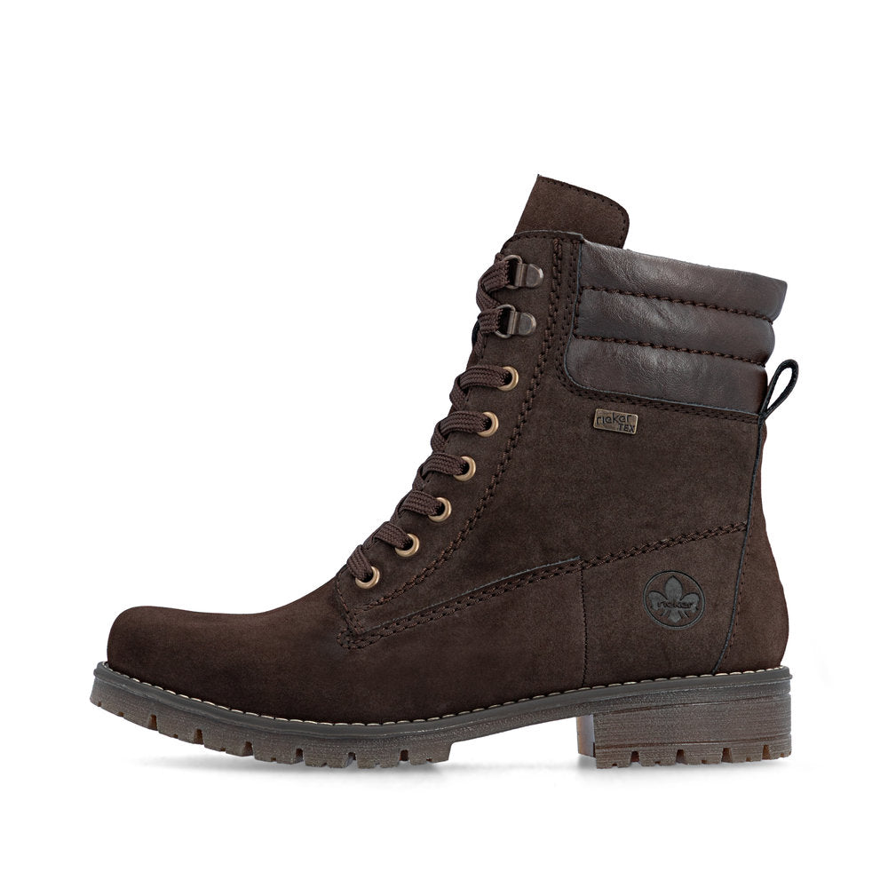 Rieker 79525-25 women's brown water resistant zip & lace ankle boots, inner side view.