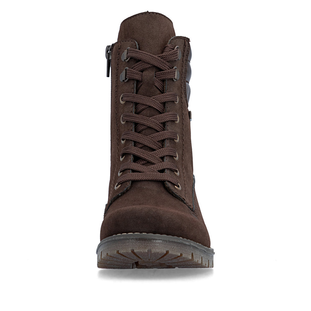 Rieker 79525-25 women's brown water resistant zip & lace ankle boots, front view.