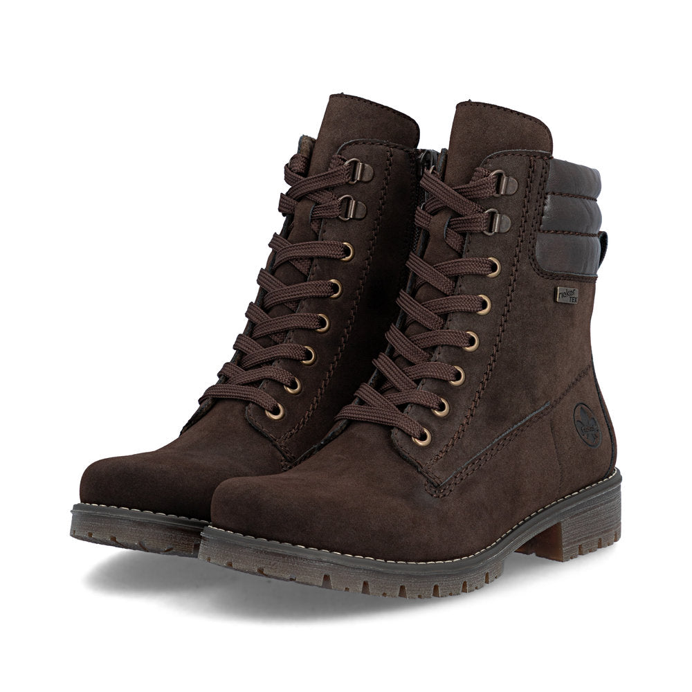 Rieker 79525-25 women's brown water resistant zip & lace ankle boots, paired three-quarter view.