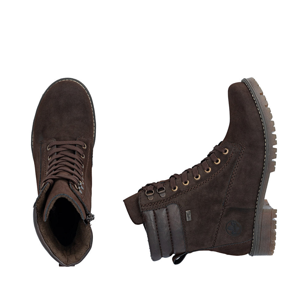 Rieker 79525-25 women's brown water resistant zip & lace ankle boots, two-angle product view.