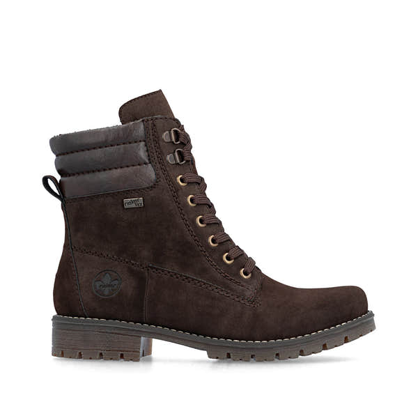 Rieker 79525-25 women's brown water resistant zip & lace ankle boots, opposite side view.