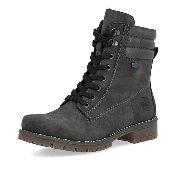 Rieker 79525-45 women's grey water resistant zip & lace ankle boots, front three-quarter view.