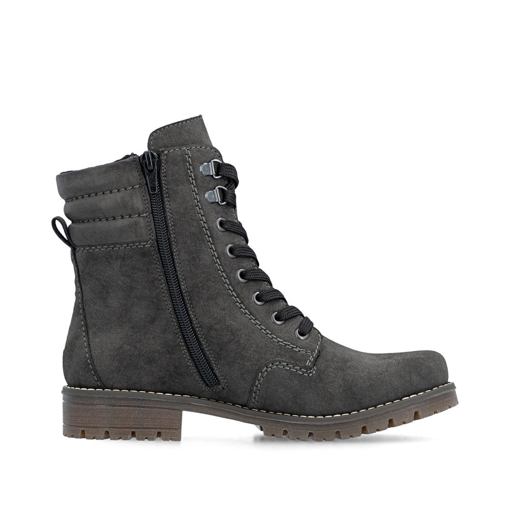 Rieker 79525-45 women's grey water resistant zip & lace ankle boots, outer side view.