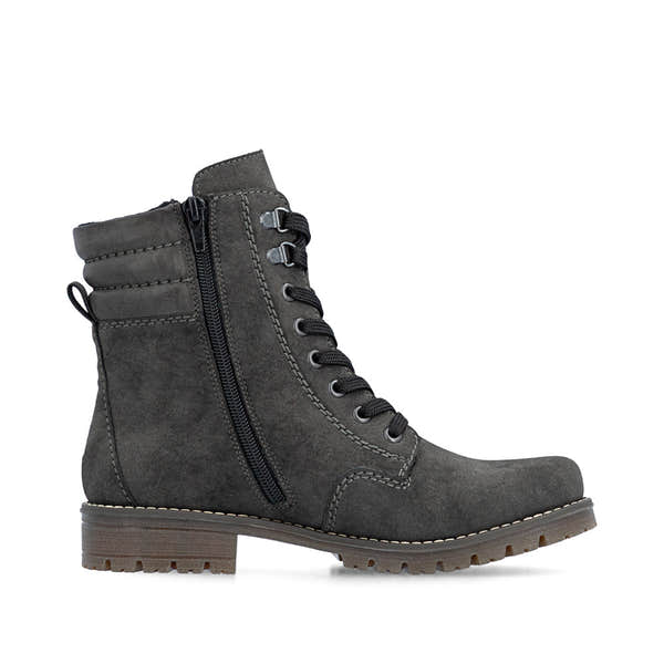 Rieker 79525-45 women's grey water resistant zip & lace ankle boots, outer side view.