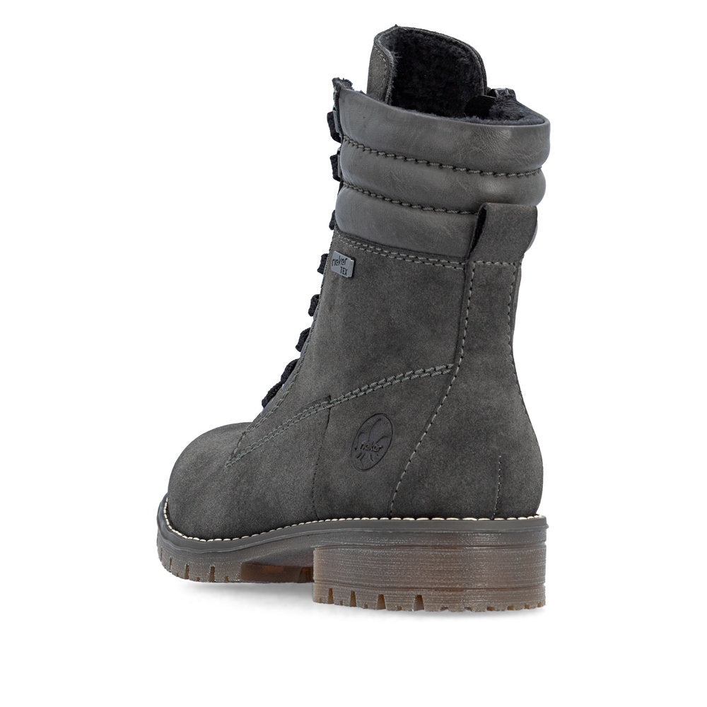 Rieker 79525-45 women's grey water resistant zip & lace ankle boots, rear three-quarter view.