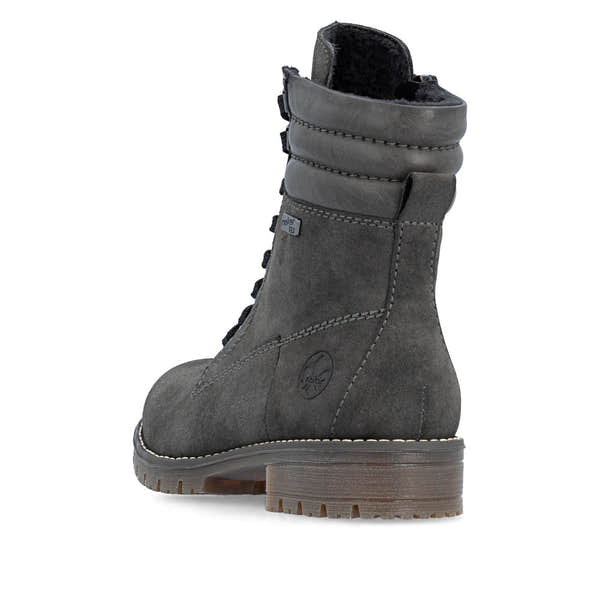 Rieker 79525-45 women's grey water resistant zip & lace ankle boots, rear three-quarter view.