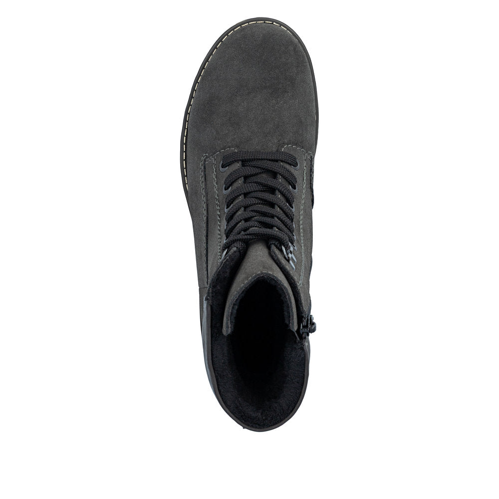 Rieker 79525-45 women's grey water resistant zip & lace ankle boots, top view.