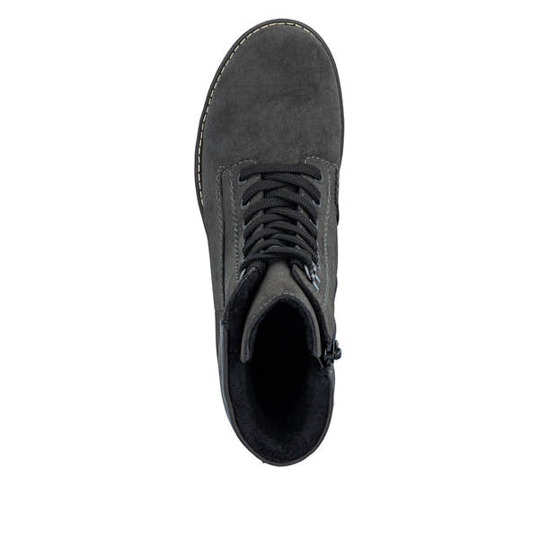 Rieker 79525-45 women's grey water resistant zip & lace ankle boots, top view.