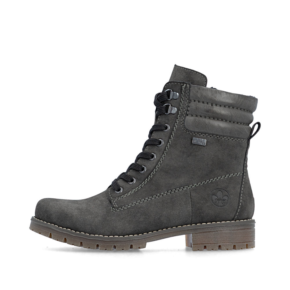 Rieker 79525-45 women's grey water resistant zip & lace ankle boots, inner side view.