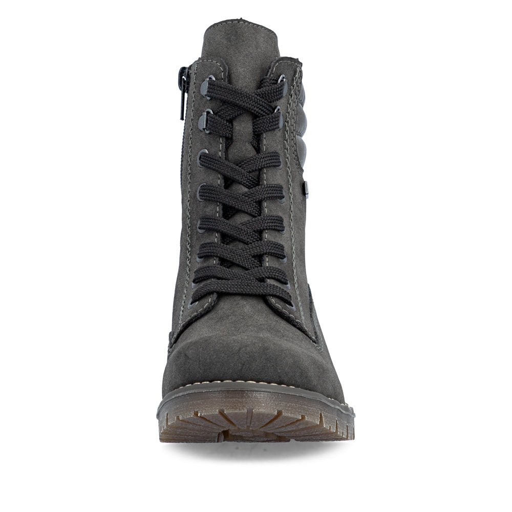 Rieker 79525-45 women's grey water resistant zip & lace ankle boots, front view.
