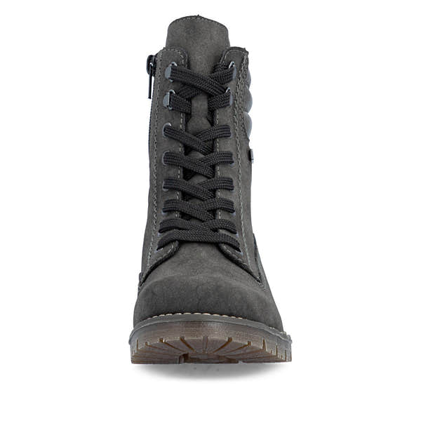 Rieker 79525-45 women's grey water resistant zip & lace ankle boots, front view.
