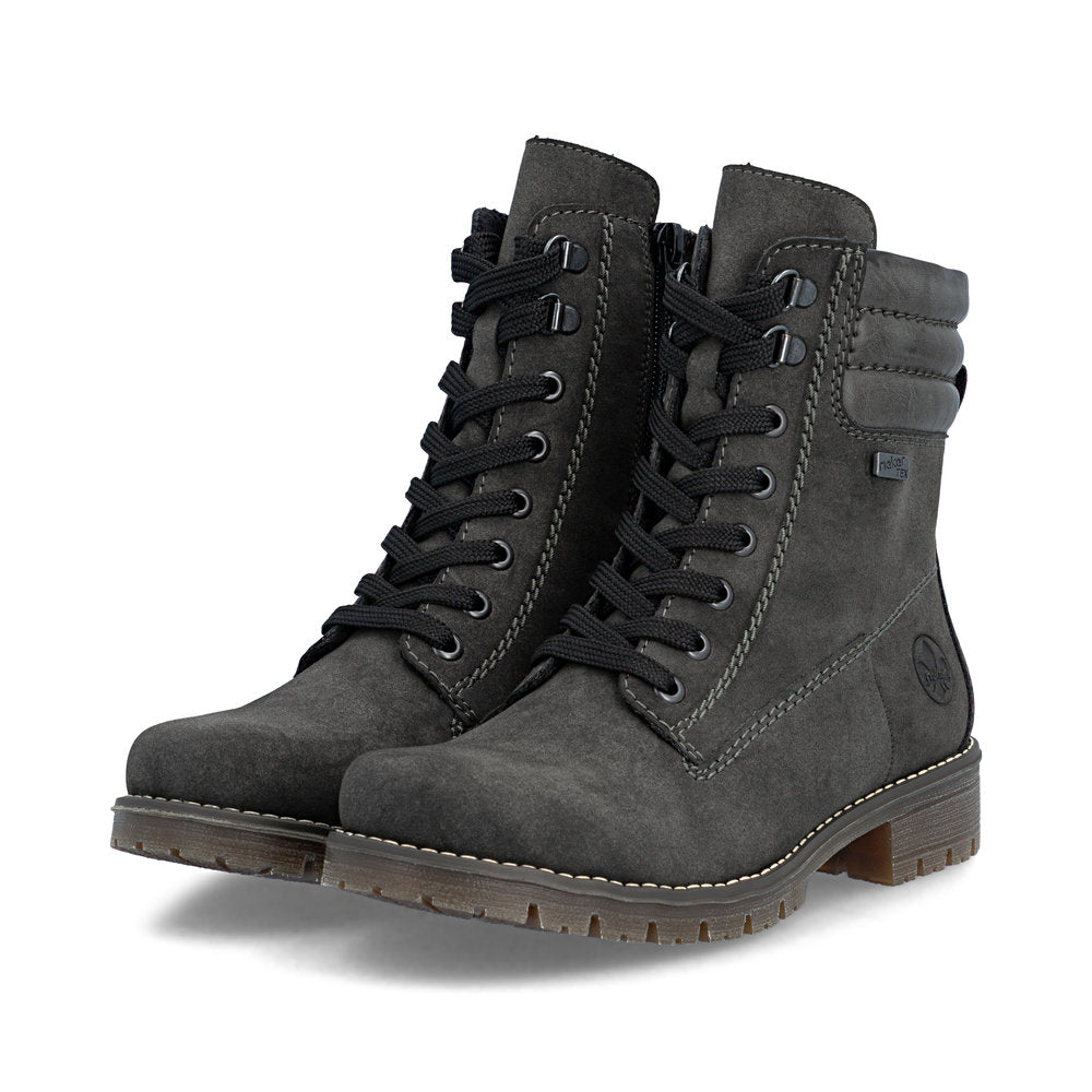 Rieker 79525-45 women's grey water resistant zip & lace ankle boots, paired three-quarter view.