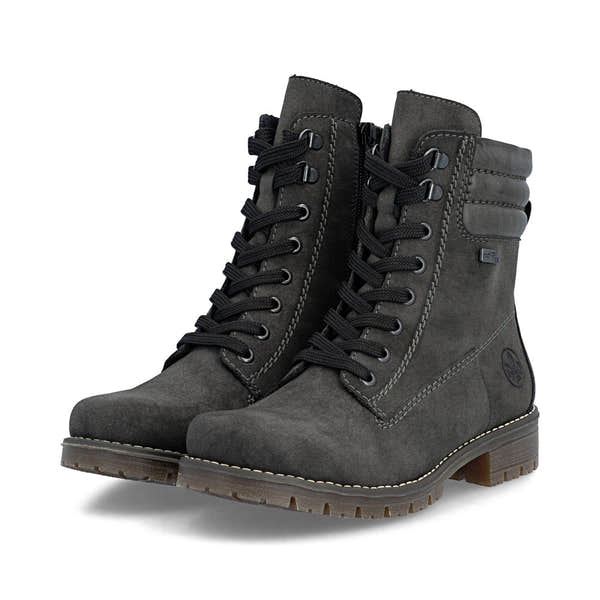 Rieker 79525-45 women's grey water resistant zip & lace ankle boots, paired three-quarter view.