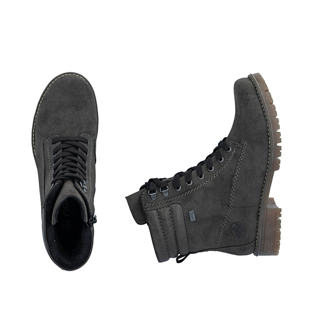 Rieker 79525-45 women's grey water resistant zip & lace ankle boots, two-angle product view.