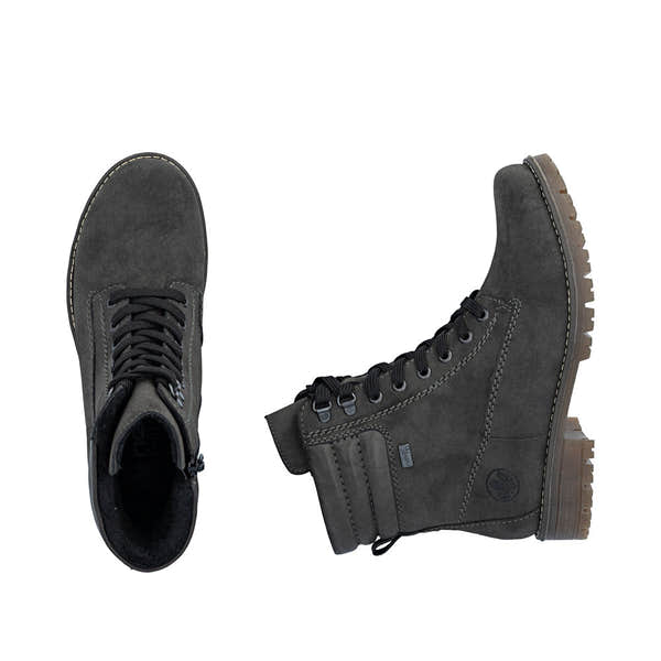 Rieker 79525-45 women's grey water resistant zip & lace ankle boots, two-angle product view.