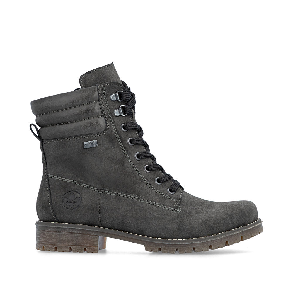Rieker 79525-45 women's grey water resistant zip & lace ankle boots, opposite side view.