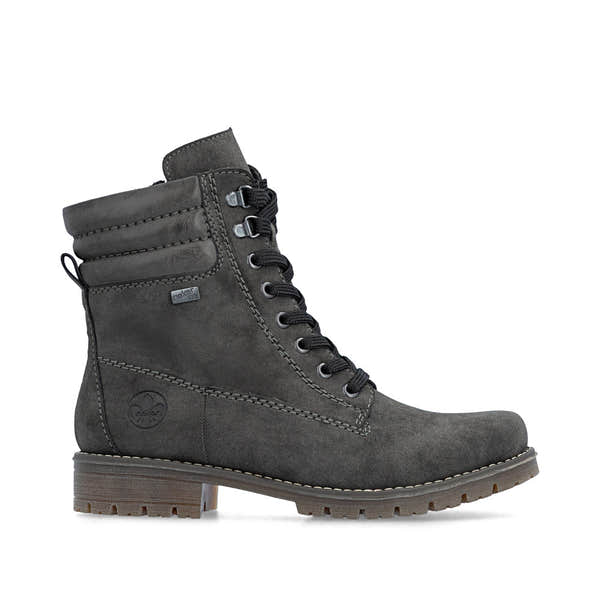 Rieker 79525-45 women's grey water resistant zip & lace ankle boots, opposite side view.