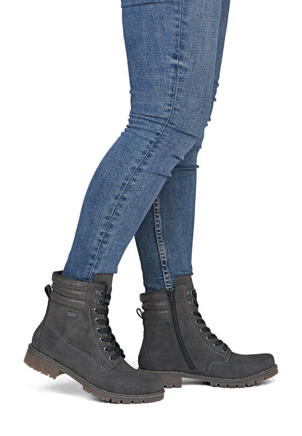 Rieker 79525-45 women's grey water resistant zip & lace ankle boots, on-foot lifestyle view.