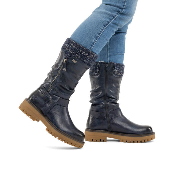 Rieker 92984-14 women's wide navy water resistant side zip mid-calf boots, lifestyle view 2 of 4.