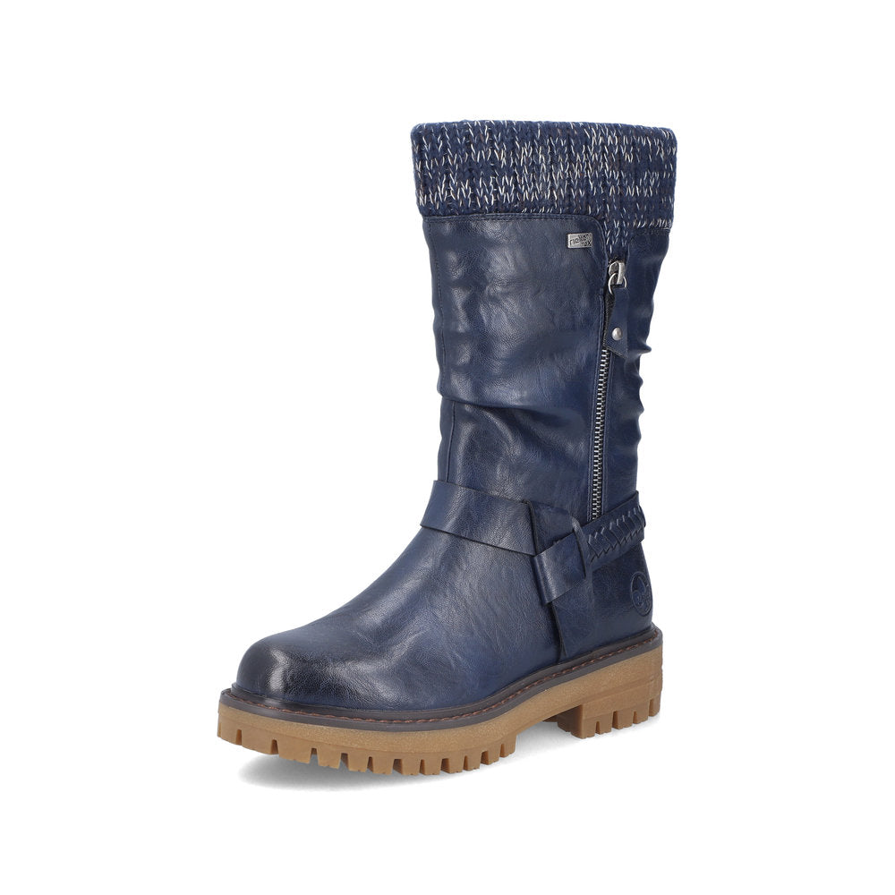 Rieker 92984-14 women's wide navy water resistant side zip mid-calf boots, front three-quarter view.