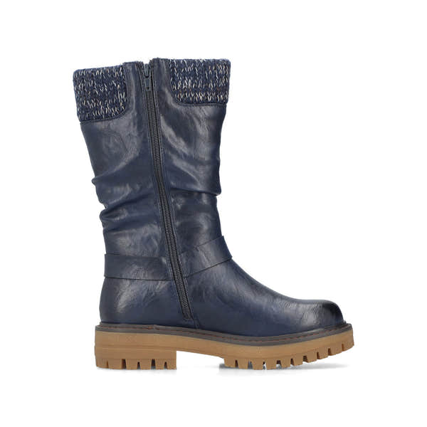 Rieker 92984-14 women's wide navy water resistant side zip mid-calf boots, outer side view.