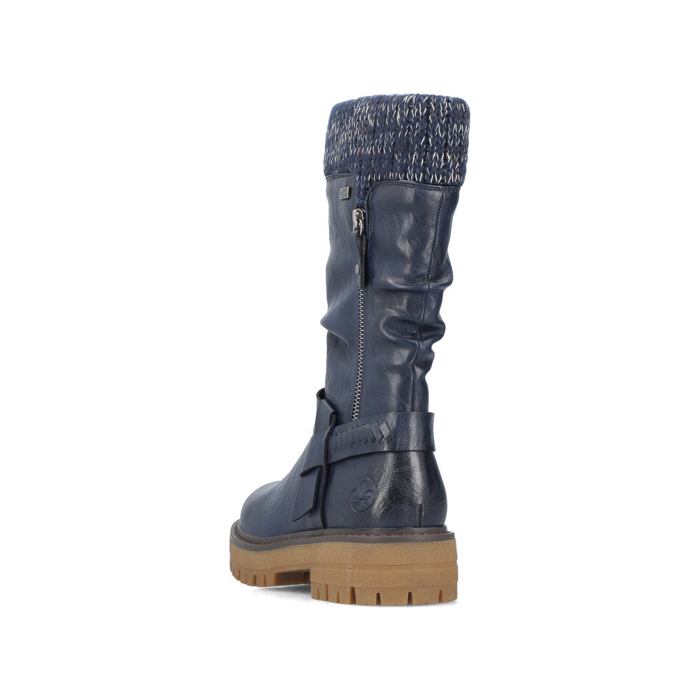 Rieker 92984-14 women's wide navy water resistant side zip mid-calf boots, rear three-quarter view.