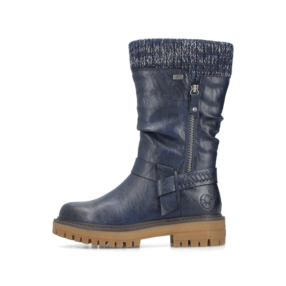 Rieker 92984-14 women's wide navy water resistant side zip mid-calf boots, inner side view.