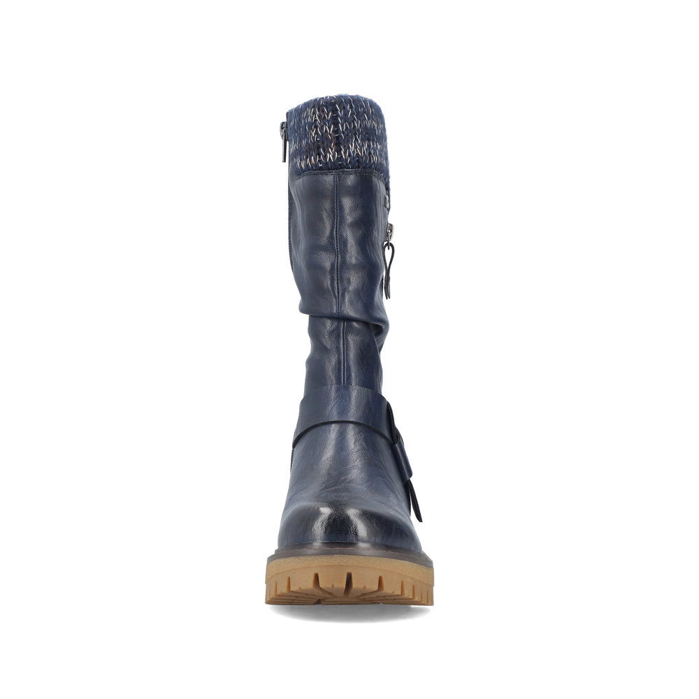 Rieker 92984-14 women's wide navy water resistant side zip mid-calf boots, front view.