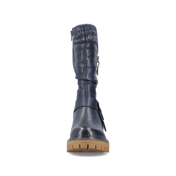 Rieker 92984-14 women's wide navy water resistant side zip mid-calf boots, front view.