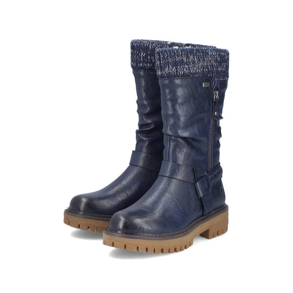Rieker 92984-14 women's wide navy water resistant side zip mid-calf boots, paired three-quarter view.