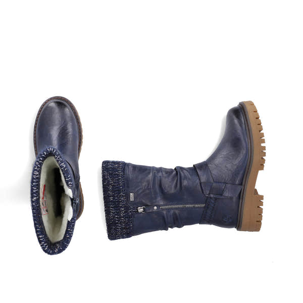 Rieker 92984-14 women's wide navy water resistant side zip mid-calf boots, two-angle product view.
