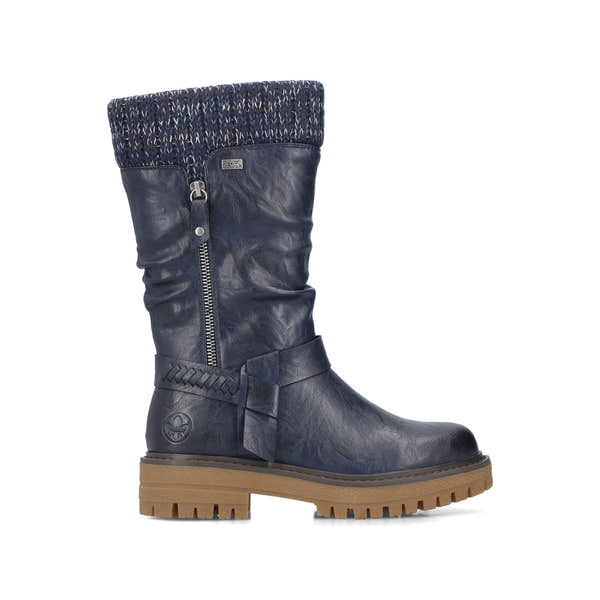 Rieker 92984-14 women's wide navy water resistant side zip mid-calf boots, opposite side view.