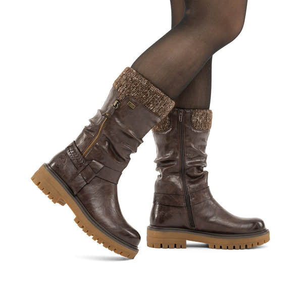 Rieker 92984-25 women's wide brown water resistant side zip mid-calf boots, lifestyle view 1 of 7.