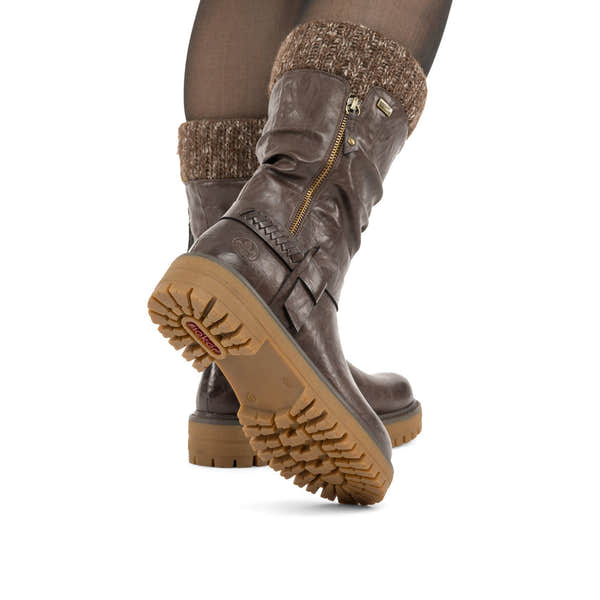Rieker 92984-25 women's wide brown water resistant side zip mid-calf boots, lifestyle view 3 of 7.