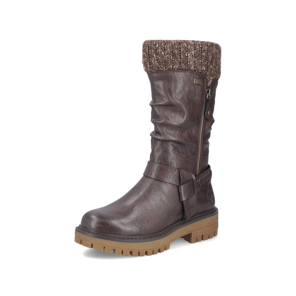 Rieker 92984-25 women's wide brown water resistant side zip mid-calf boots, front three-quarter view.