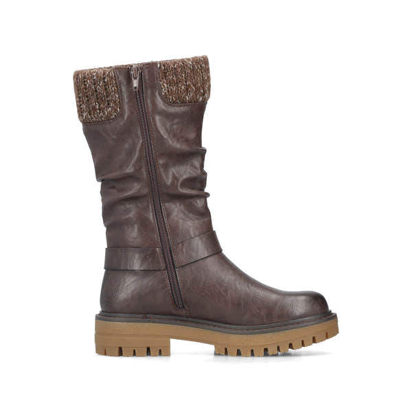 Rieker 92984-25 women's wide brown water resistant side zip mid-calf boots, outer side view.
