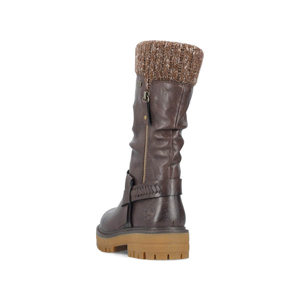 Rieker 92984-25 women's wide brown water resistant side zip mid-calf boots, rear three-quarter view.
