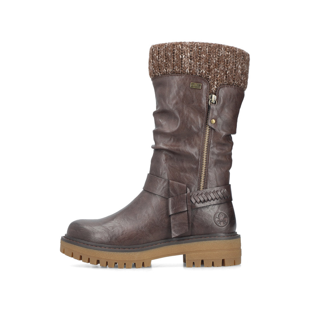 Rieker 92984-25 women's wide brown water resistant side zip mid-calf boots, inner side view.