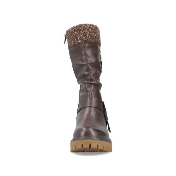 Rieker 92984-25 women's wide brown water resistant side zip mid-calf boots, front view.