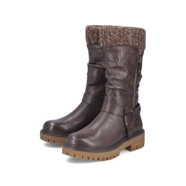 Rieker 92984-25 women's wide brown water resistant side zip mid-calf boots, paired three-quarter view.