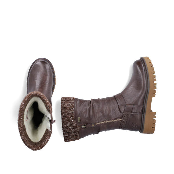 Rieker 92984-25 women's wide brown water resistant side zip mid-calf boots, two-angle product view.