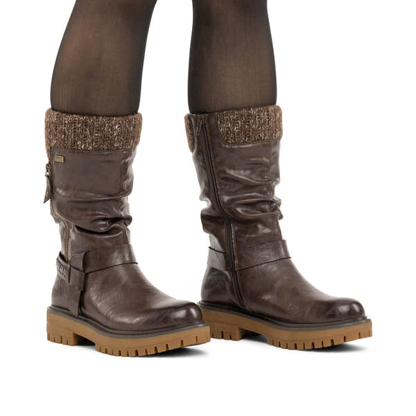 Rieker 92984-25 women's wide brown water resistant side zip mid-calf boots, on-foot lifestyle view.